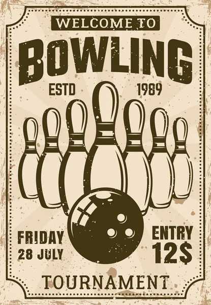 Cartaz de vetor torneio de boliche em estilo vintage — Vetor de Stock