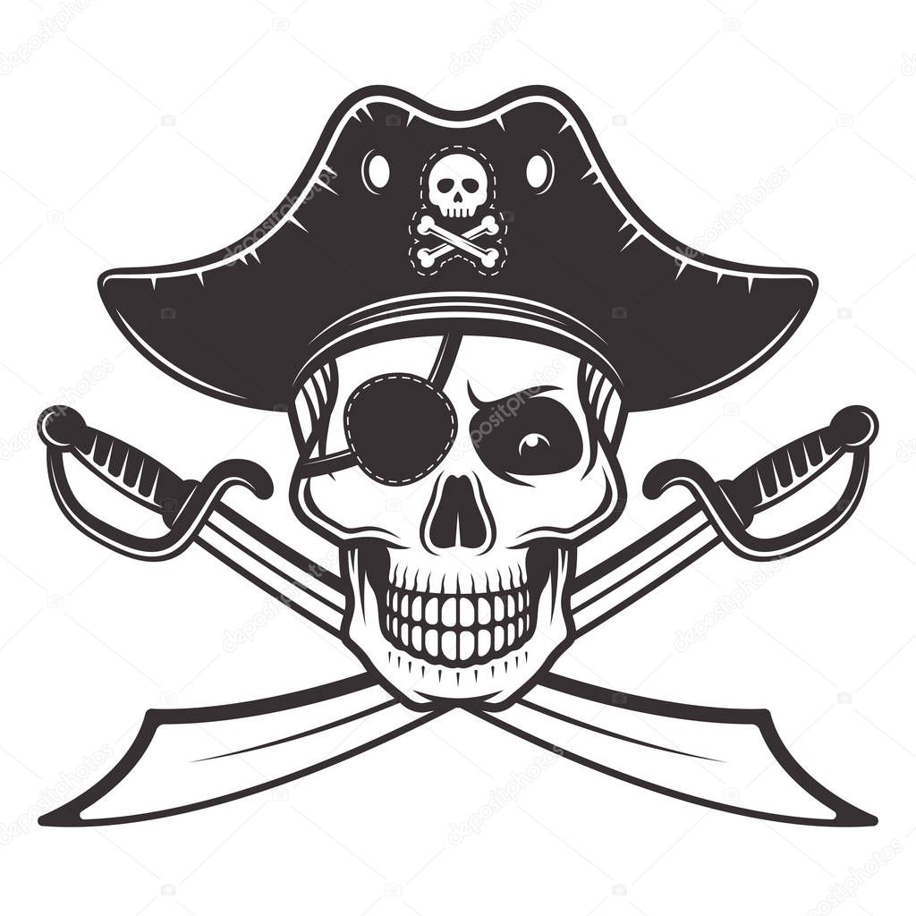 Pirate skull in hat, eyepatch vector illustration