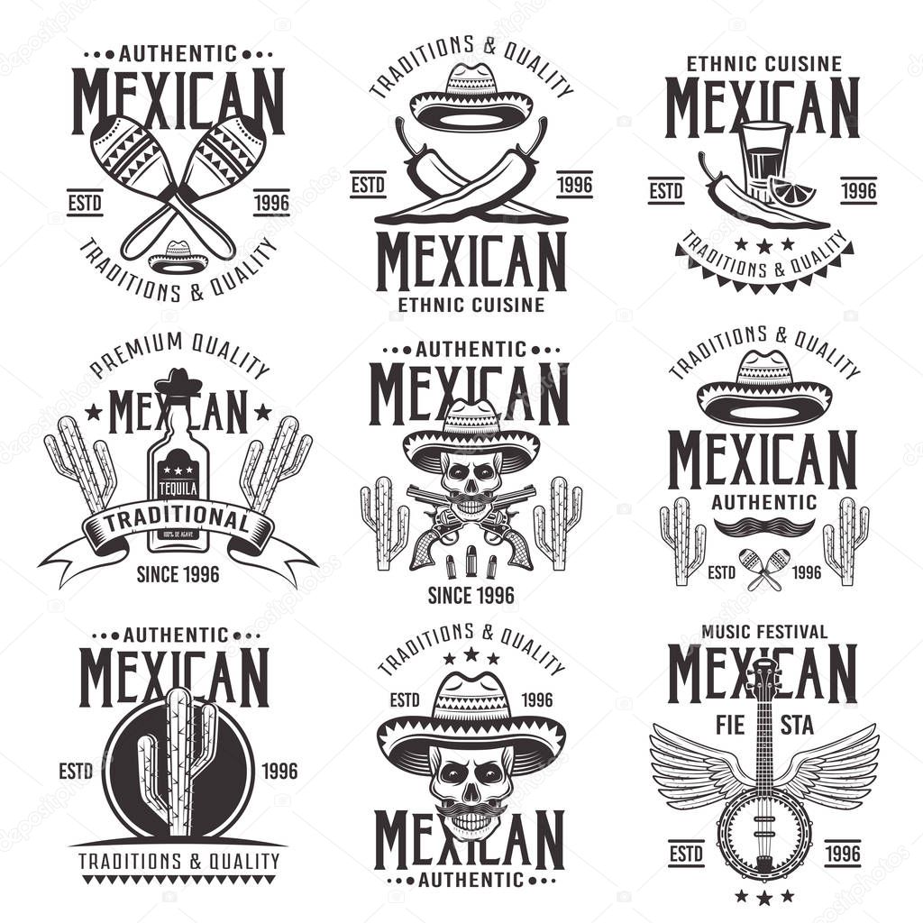 Mexican national attributes, set of vector authentic signs, emblems, labels, badges and logos in monochrome vintage style isolated on white background