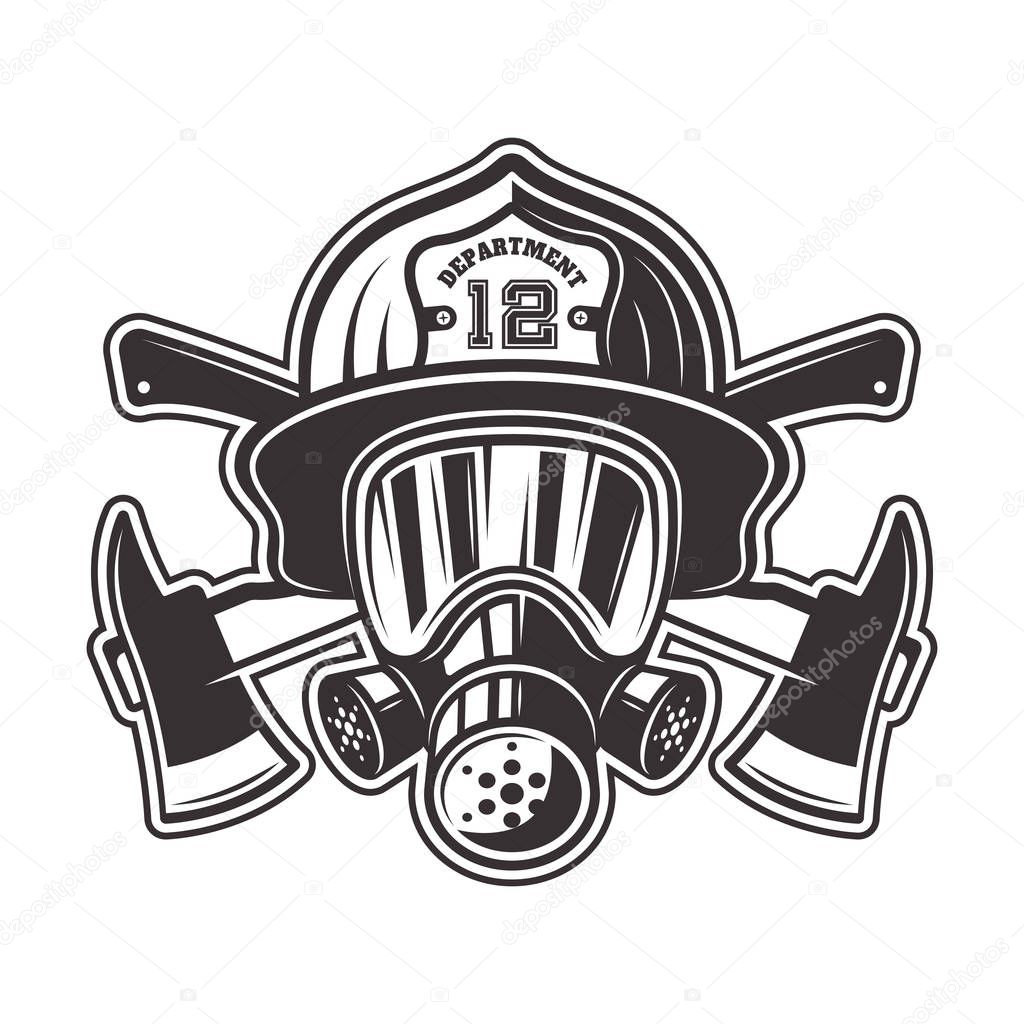 Fireman head in helmet, gas mask and two crossed axes vector illustration in monochrome style isolated on white background
