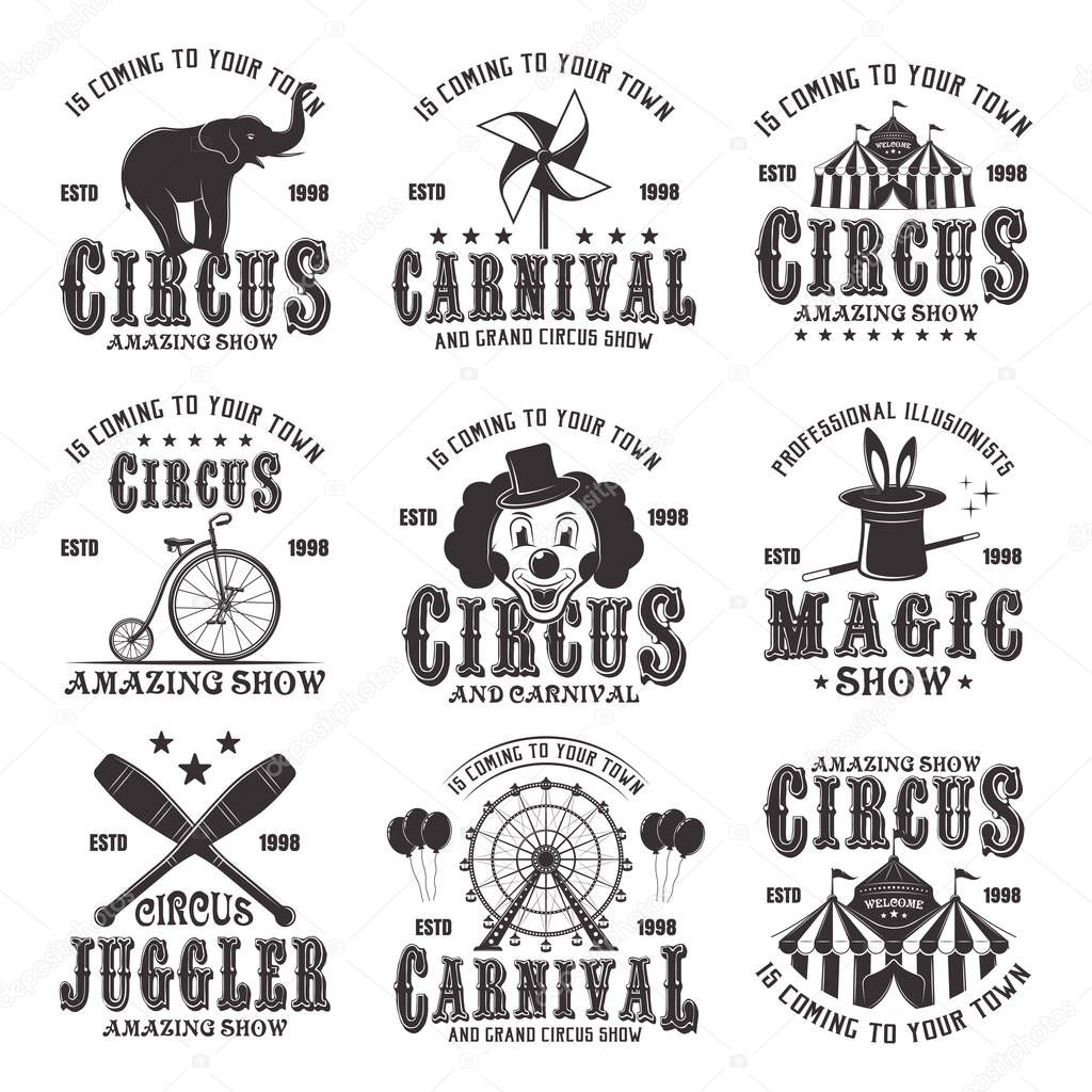 Circus amazing show set of vector black emblems, labels, logos and typographic stamps in vintage style isolated on white background