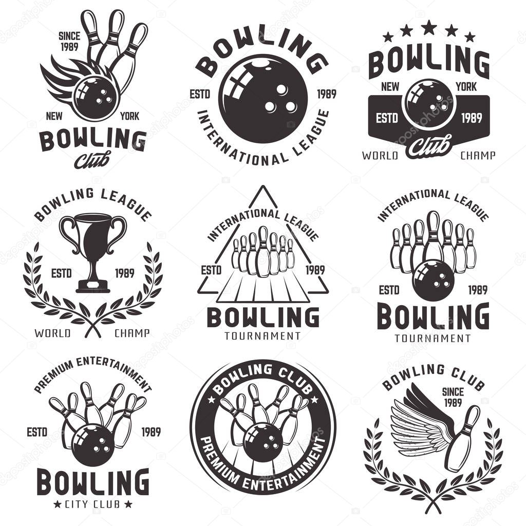 Bowling set of vector emblems, badges and labels in vintage monochrome style isolated on white background