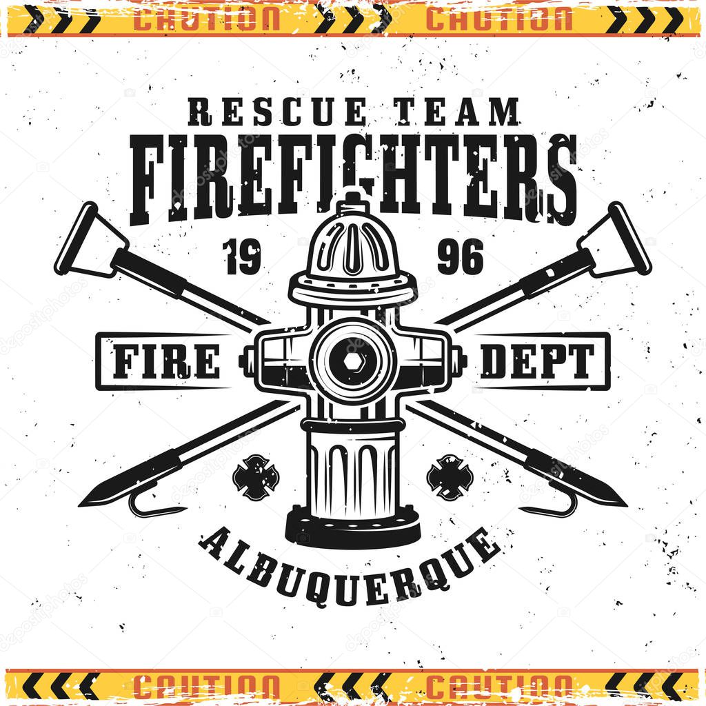 Fire hydrant and crossed fire hooks vector emblem, badge, label or logo in vintage style isolated on background with grunge textures on separate layers
