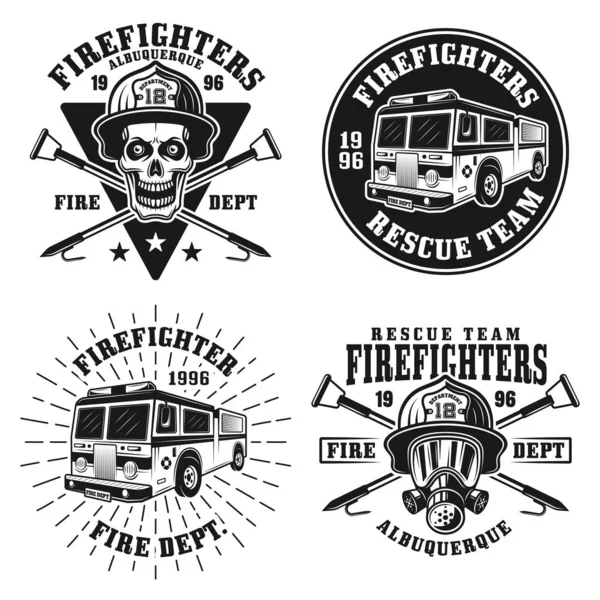 Набір пожежників з чотирьох векторних емблем або значків — стоковий вектор