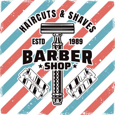 Berber dükkanının amblemi jilet ve bıçaklarla izole edilmiş.