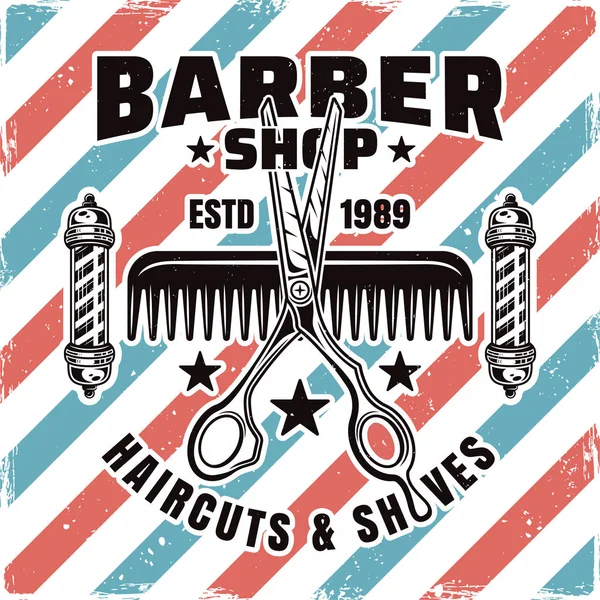 Emblema de vetor de barbearia com tesoura e pente —  Vetores de Stock