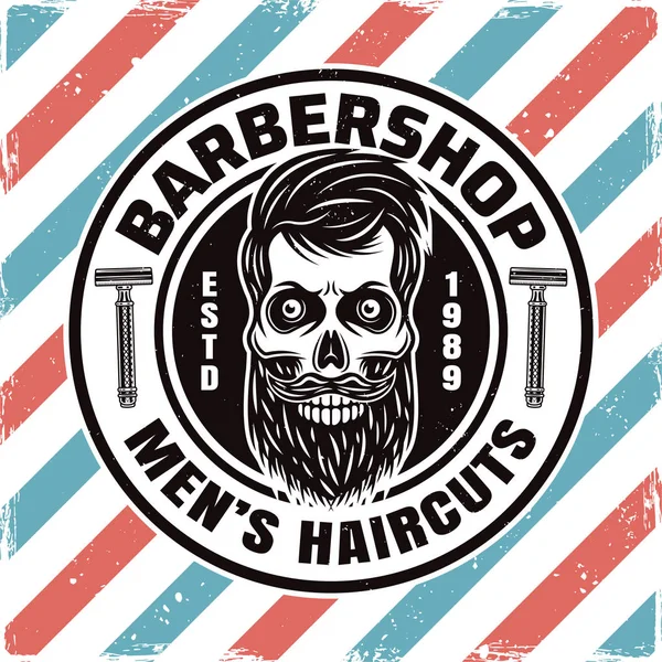 Barbería emblema vector redondo con cráneo barbudo — Vector de stock