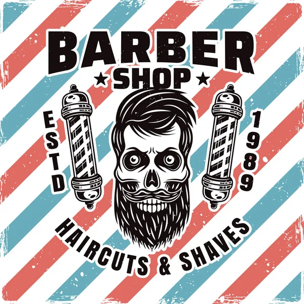 Barbería emblema vectorial con cráneo barbudo — Vector de stock