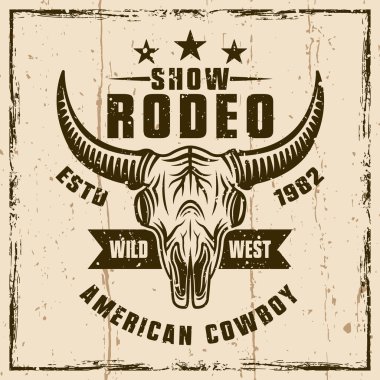 Rodeo, boğa kafatasıyla vektör vintage amblemi gösteriyor