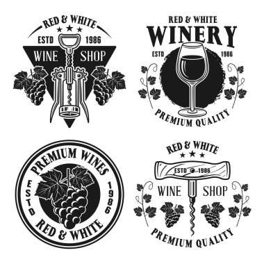 Şarap dükkanı seti vektör monokrom vintage amblemleri
