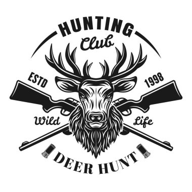 Geyik başlı ve tüfekli av vektörü amblemi