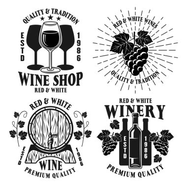 Şarap dükkanı ve siyah vektör amblemi seti.