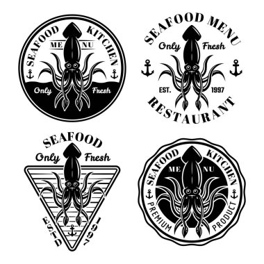 Deniz ürünleri vektörü tek renkli restoran retro amblemleri