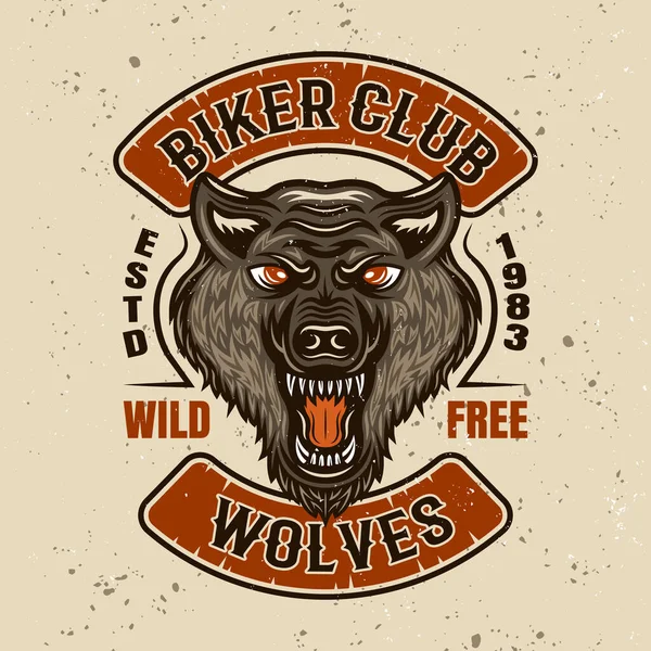 Biker club vettoriale emblema colorato con testa di lupo — Vettoriale Stock