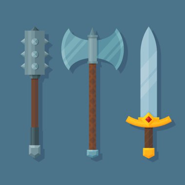 Ortaçağ fantezi silah düz illüstrasyon. Mace, balta ve kılıç
