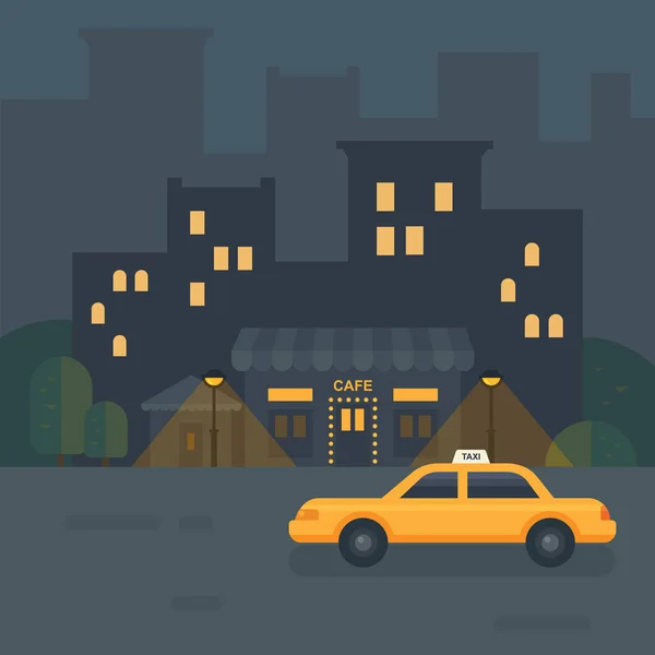 Illustration plate du café nocturne. Taxi voiture près d'un restaurant — Image vectorielle