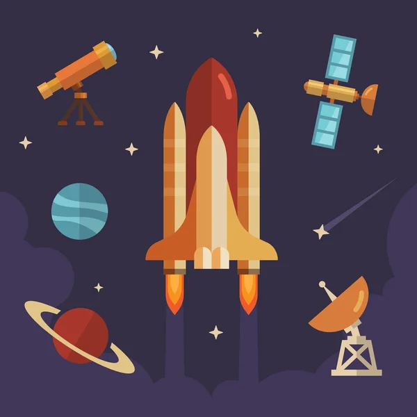 Ensemble d'icône plate d'exploration spatiale. Fusée, télescope, planètes, étoiles, satellite — Image vectorielle