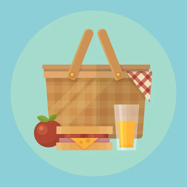 Cesta de picnic y comida plana ilustración — Vector de stock