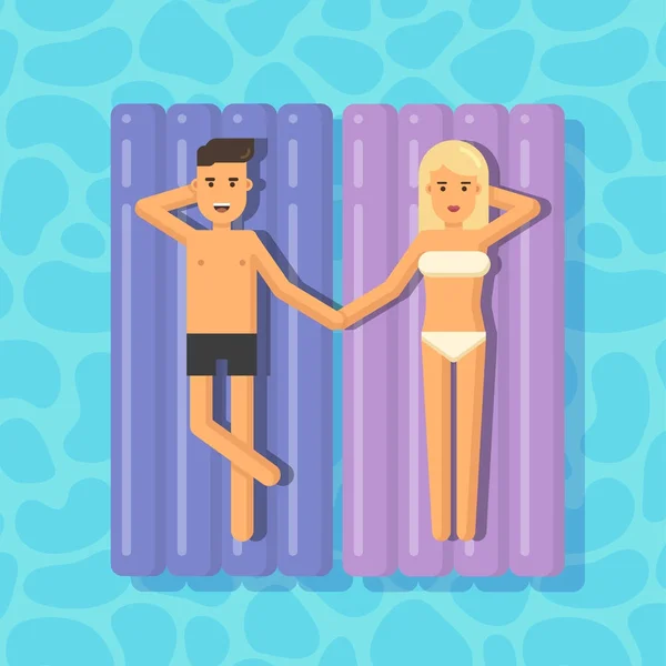 Mężczyzna i kobieta unosi się na materace w basenie — Wektor stockowy