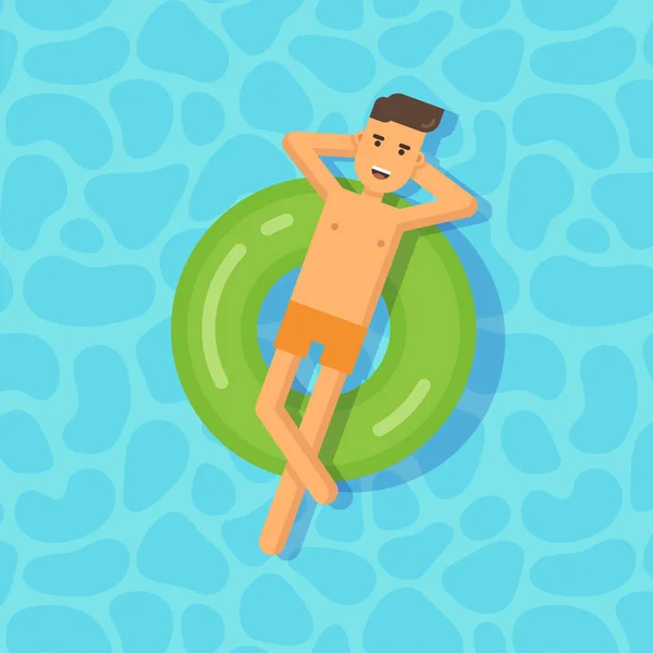 Mladý muž na nafukovací kruh v bazénu — Stockový vektor