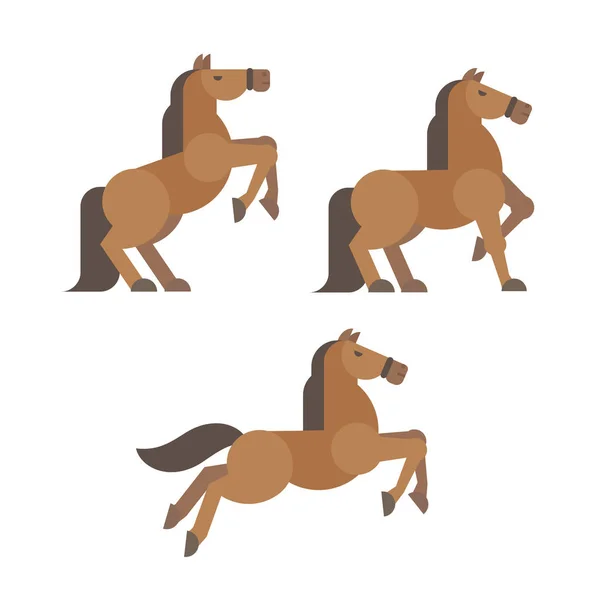 Cavalo posa ilustração plana. Cavalo marrom criação, de pé, correndo poses —  Vetores de Stock