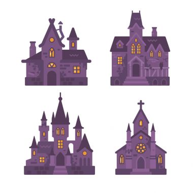 Dört Halloween bina illüstrasyon düz. Cadı kulübe, perili ev, vampir kale ve mezarlık Şapel.