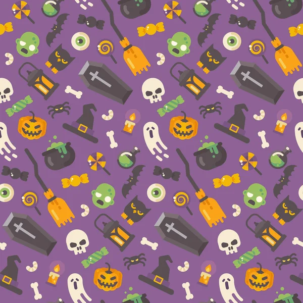 Halloween ikony płaski wzór. Halloween elementy na fioletowym tle — Wektor stockowy