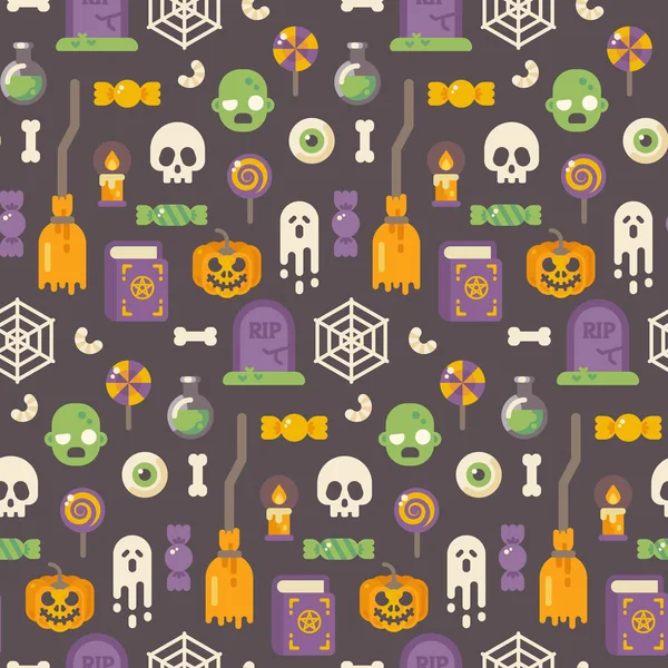 Halloween ikony płaski wzór. Halloween obiektów na ciemnym tle — Wektor stockowy
