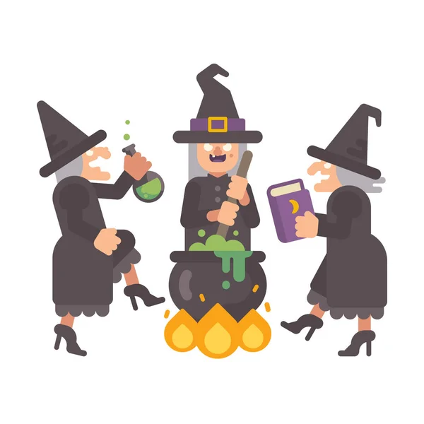 Three wicked old witches brewing a potion. Three evil sisters dancing around the fire and cauldron. Halloween character flat illustration — Stock Vector