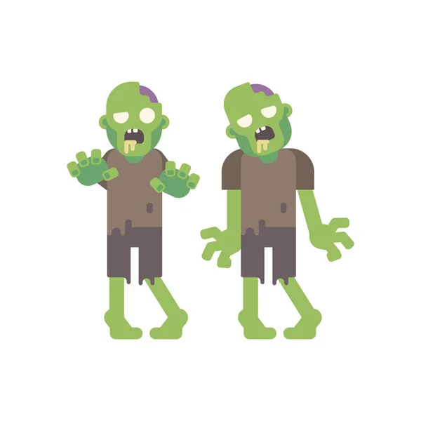 Dua zombie berjalan. Dua mayat hidup dengan pakaian robek. Ilustrasi karakter rata Halloween - Stok Vektor