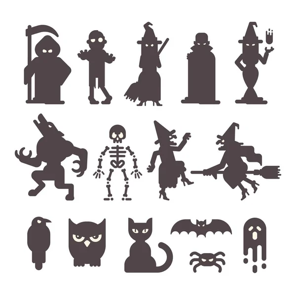 Conjunto de siluetas de personajes de Halloween. Halloween ilustración plana — Archivo Imágenes Vectoriales