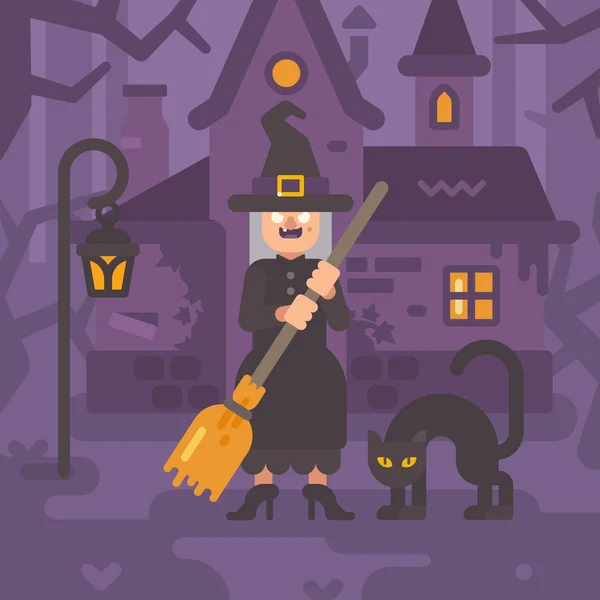 老巫婆用扫把扫黑猫站在她的小屋中的黑暗的森林在晚上 — 图库矢量图片