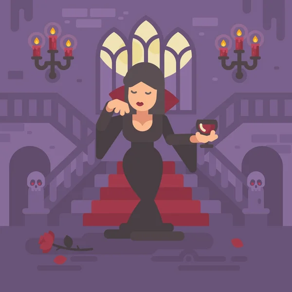 Vampirdame im schwarzen Kleid mit einem Glas Wein oder Blut — Stockvektor