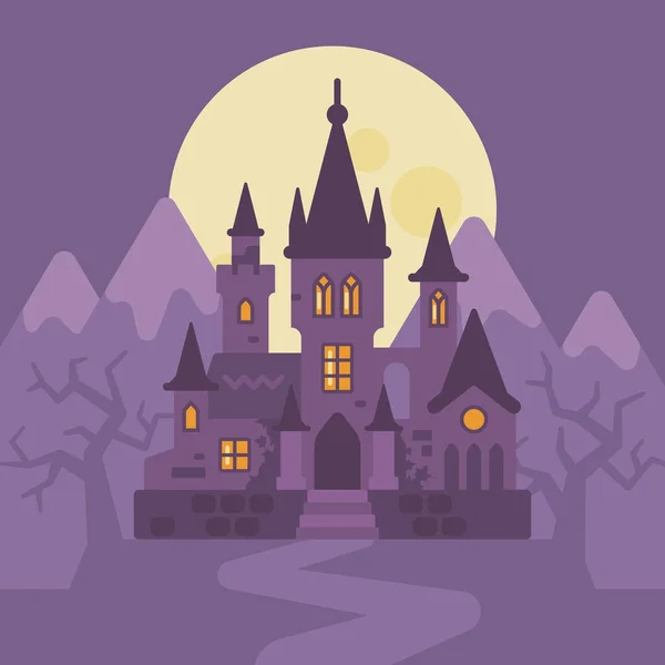 Castillo de vampiros oscuros en las montañas. Halloween ilustración plana — Archivo Imágenes Vectoriales