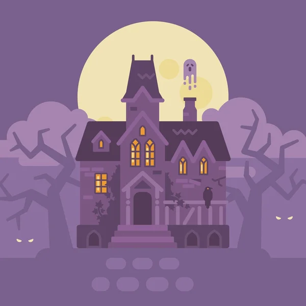 Mansión gótica abandonada con fantasmas. Halloween casa embrujada ilustración plana — Vector de stock