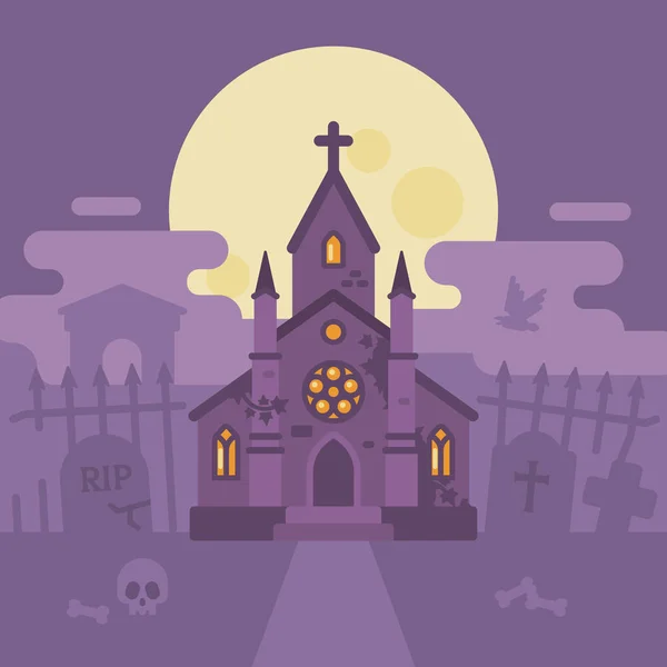 Gothic cemetery with a haunted chapel. Halloween graveyard flat illustration