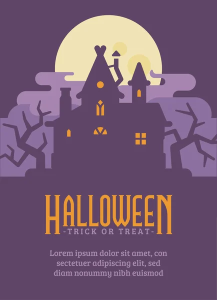 Poster di Halloween con vecchia casa nella palude. Strega rifugio illustrazione piatta — Vettoriale Stock