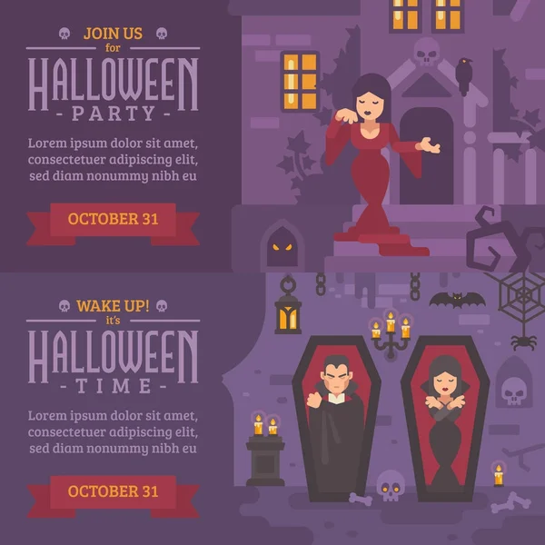 Twee horizontale vakantie banners met tekst. Join ons voor Halloween-feest — Stockvector