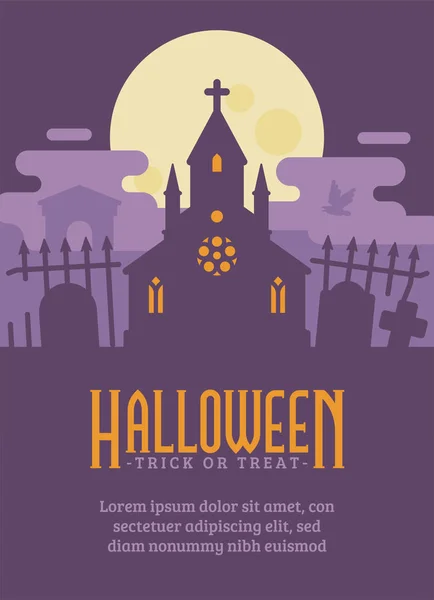 Cartaz de Halloween com cemitério gótico e uma capela assombrada — Vetor de Stock