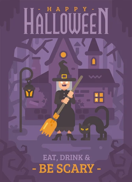 Poster di Halloween di una vecchia strega con una scopa e un gatto nero — Vettoriale Stock