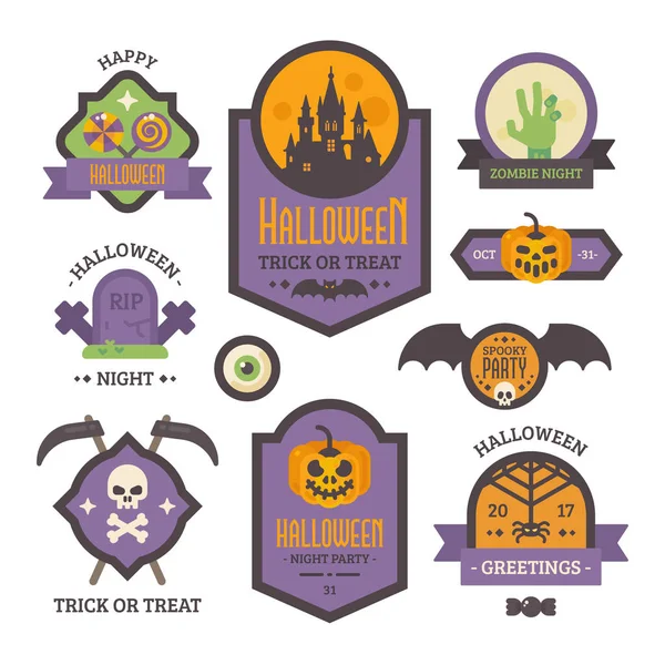 Set di distintivi di Halloween. Elementi di vacanza piatte e striscioni. Dolcetto o scherzetto — Vettoriale Stock