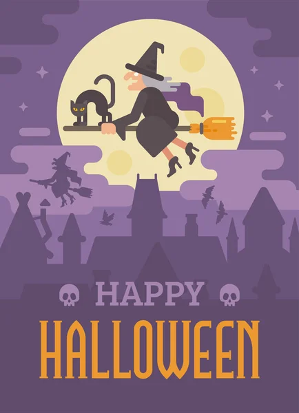 Poster di Halloween vecchia strega che vola su una scopa con un gatto nero sopra la città di notte — Vettoriale Stock