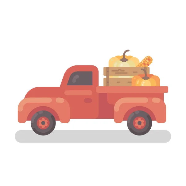 Caminhão de fazenda vermelho velho com abóboras ilustração plana — Vetor de Stock
