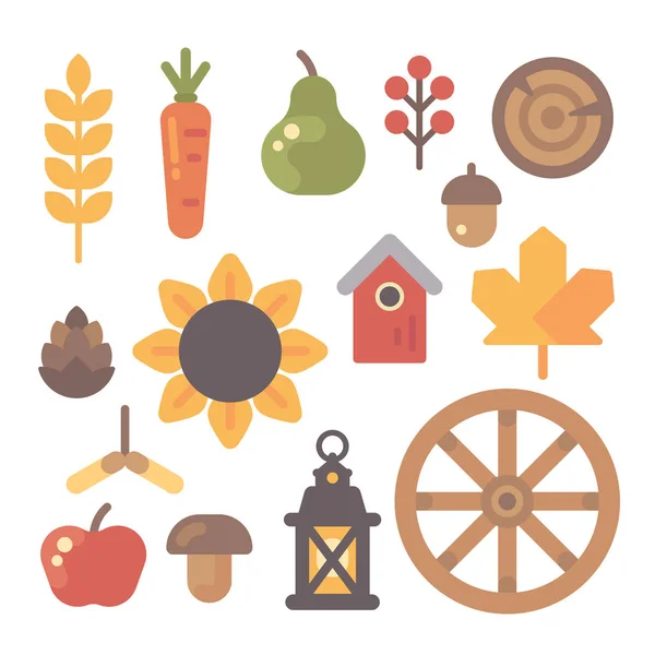 Set ikon datar musim gugur pada latar belakang putih - Stok Vektor