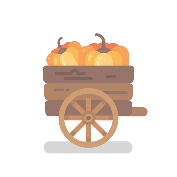 Holz-Kürbiswagen mit zwei Kürbissen flache Illustration — Stockvektor