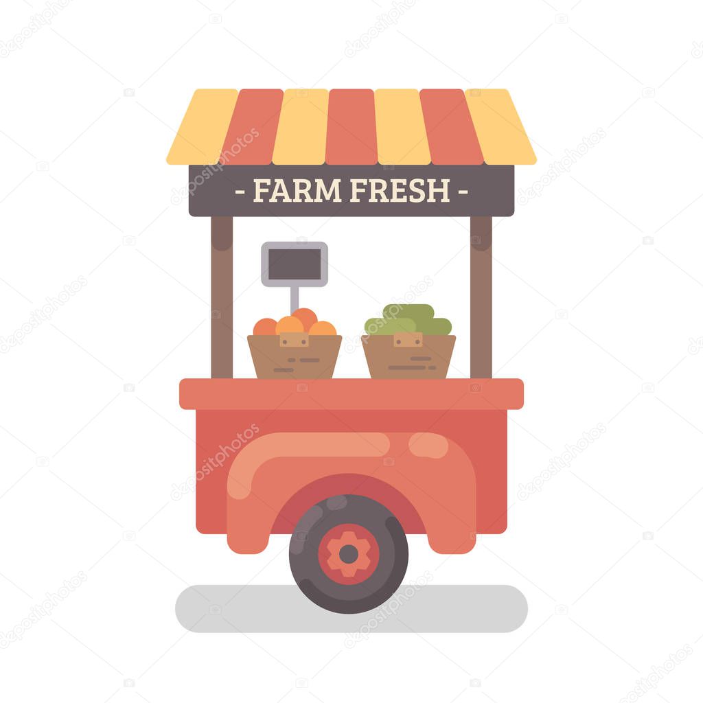 Farm stand flat illustration. Farmers market stand with fresh fruits and vegetables