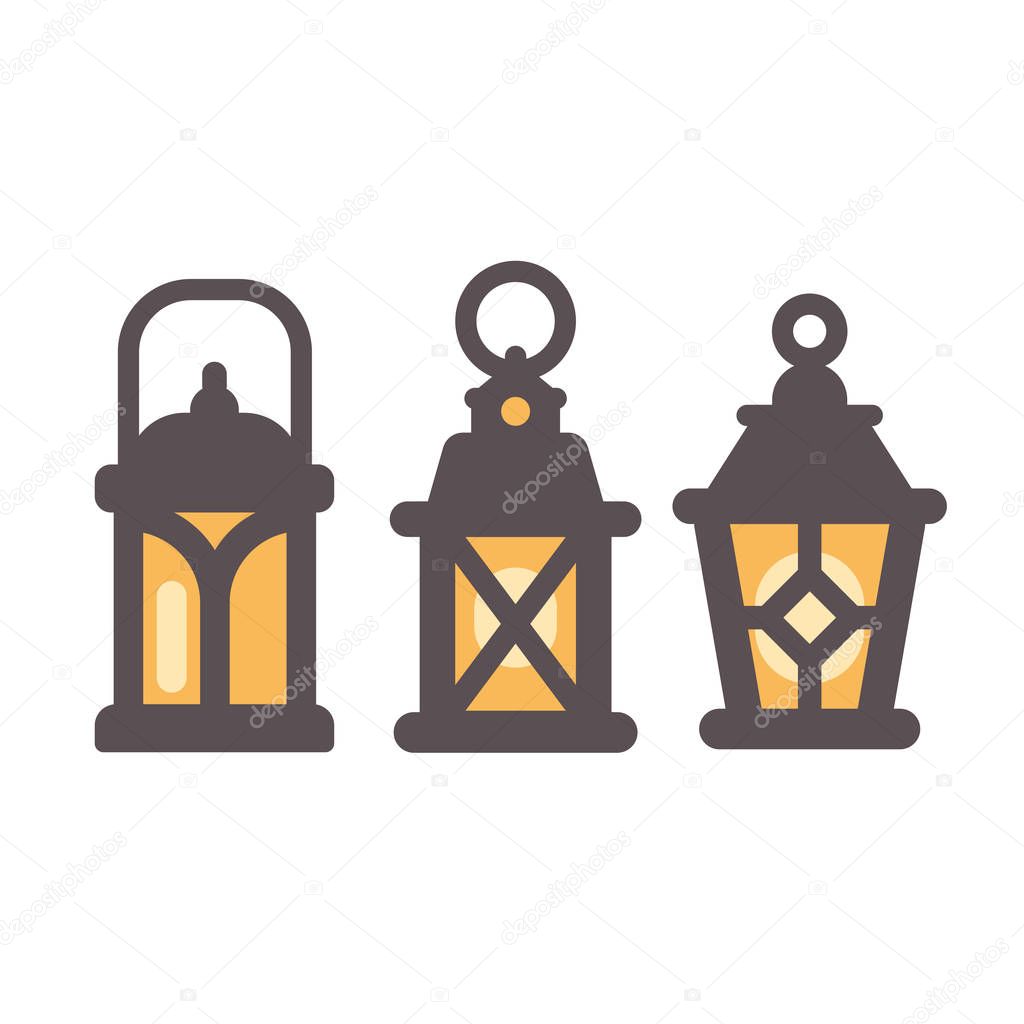 Set of three old lanterns flat icons