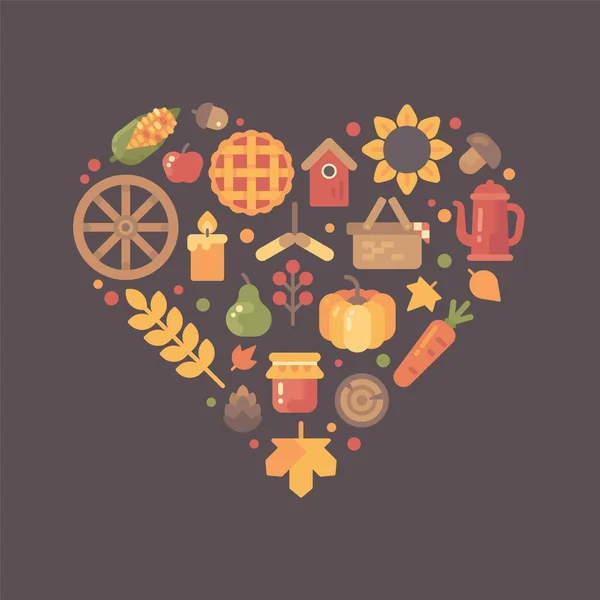 Iconos planos de otoño dispuestos en forma de corazón. Colorido conjunto de artículos de otoño — Vector de stock
