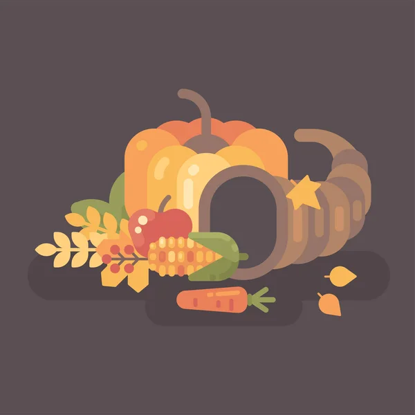 Herfst oogst platte illustratie. Hoorn des overvloeds met groenten en fruit. Thanksgiving achtergrond — Stockvector