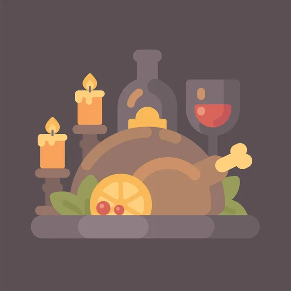 Thanksgiving dinner with candles flat illustration. Roasted turkey and wine — Stock Vector